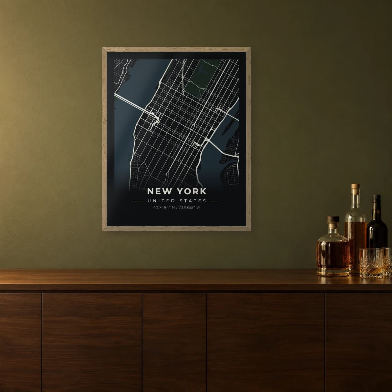 New York midnight map print above a bar cabinet